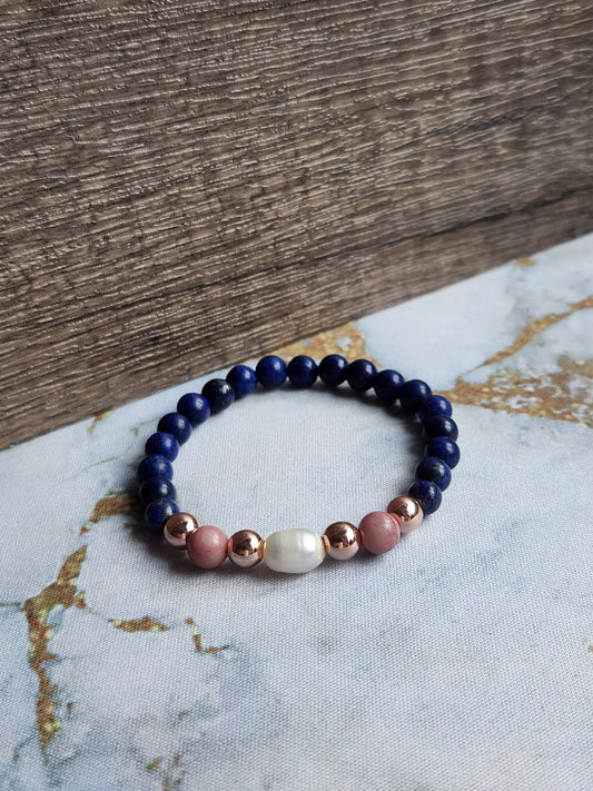 Rose Gold Lapis Lazuli, Rhodochrosite and Pearl Bracelet