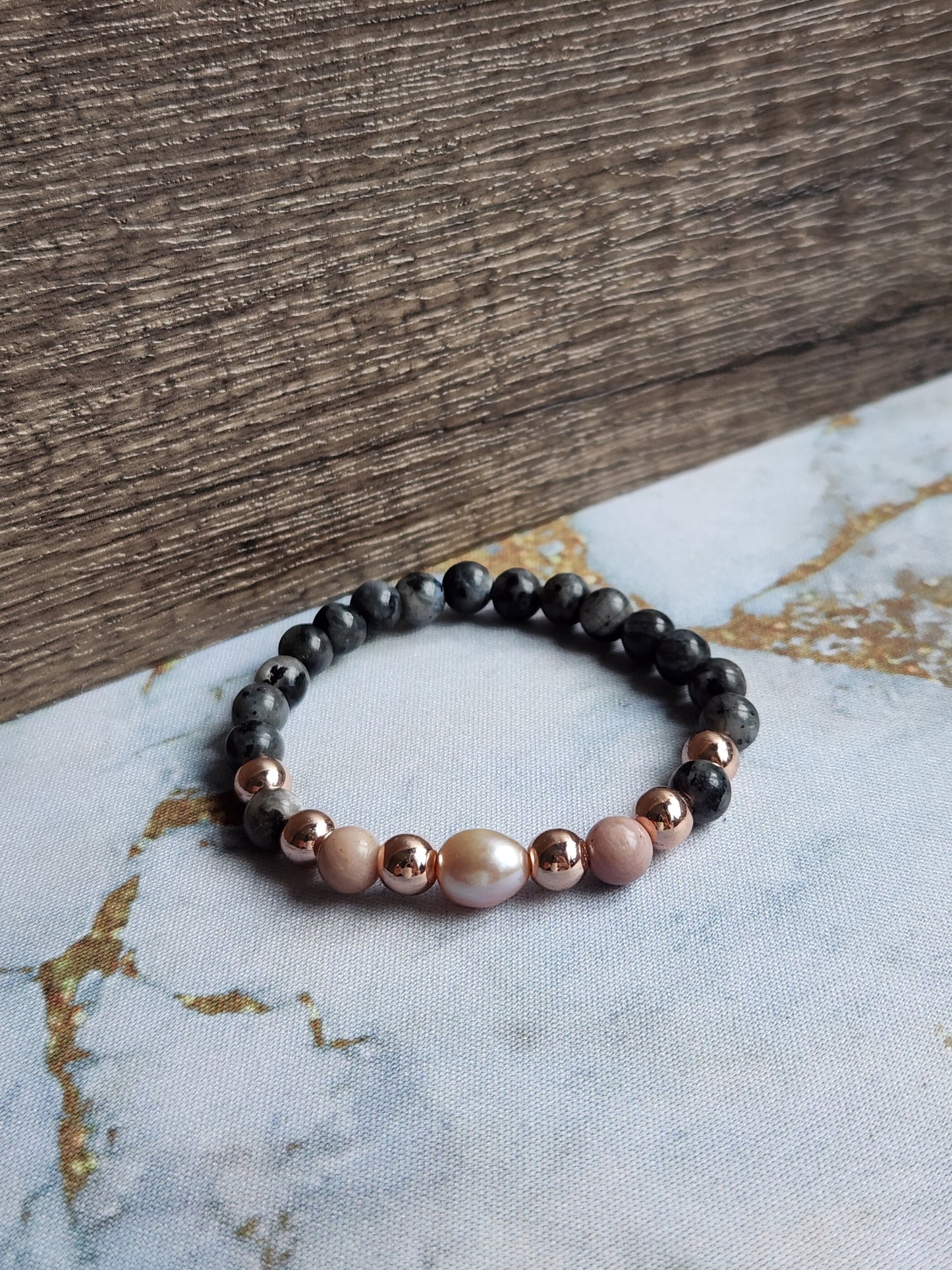 Rose Gold Labradorite, Rhodochrosite and Pearl Bracelet