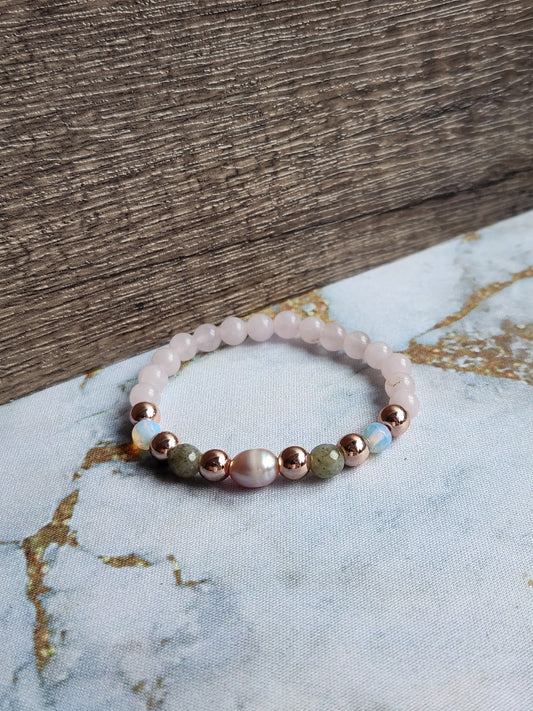 Rose Gold Strawberry Quartz, Moonstone and Pearl Bracelet