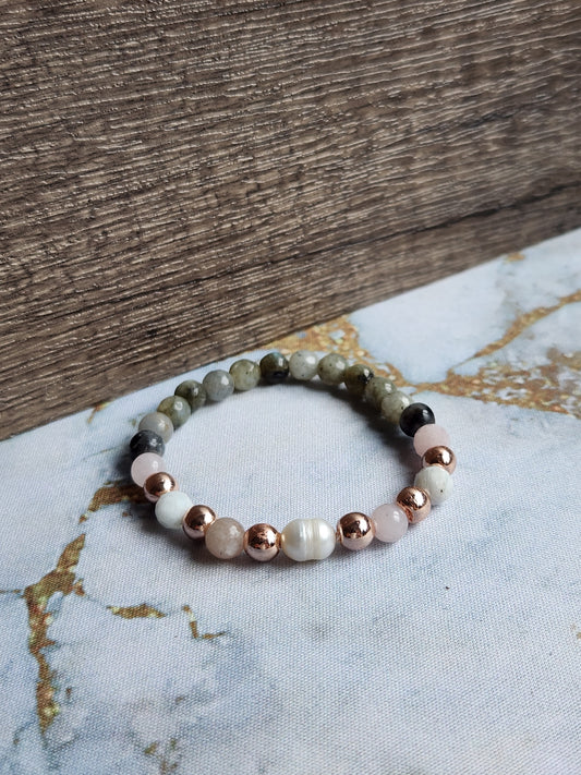 Rose Gold Green Moonstone, Labradorite, Rose Quartz and Pearl Bracelet