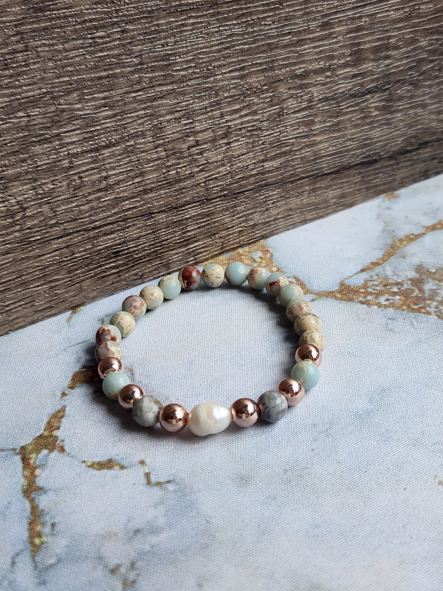 Rose Gold  Aqua Terra Jasper, Grey Jasper and Pearl Bracelet