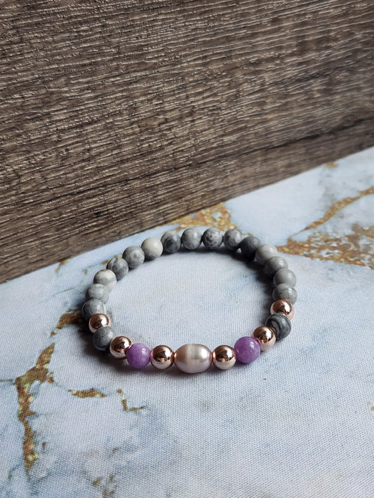 Rose Gold Amethyst, Grey Jasper and Pearl Bracelet