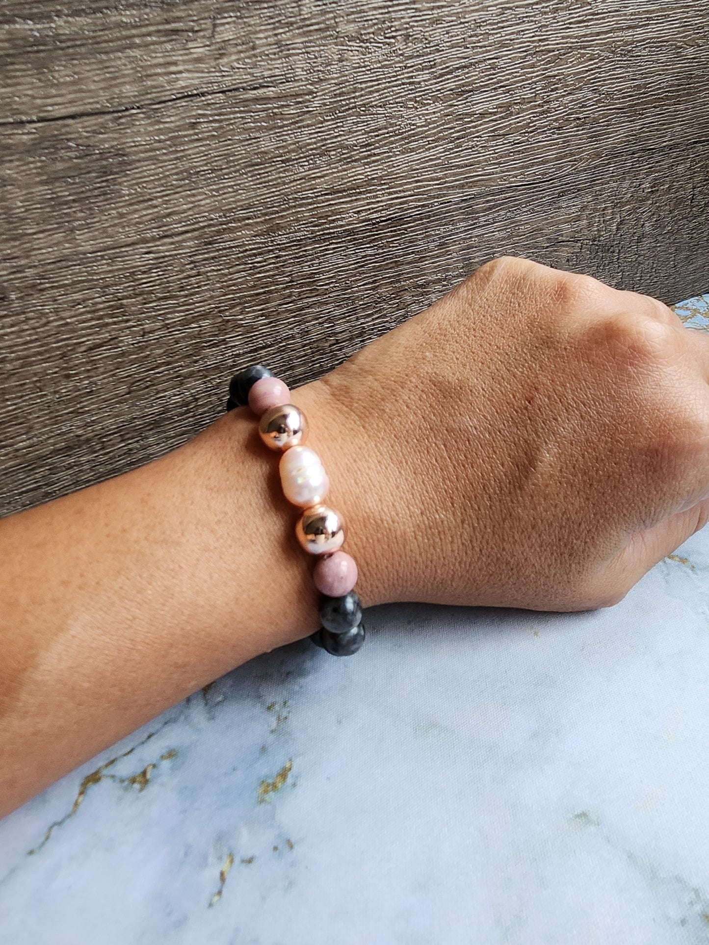 Rose Gold Labradorite, Rhodochrosite and Pearl Bracelet