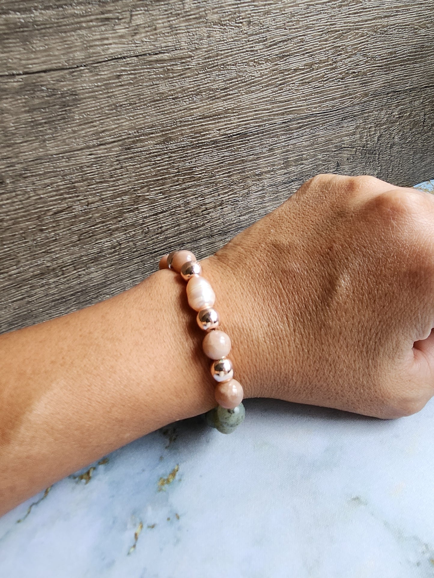 Rose Gold Green Moonstone, Sunstone and Pearl Bracelet