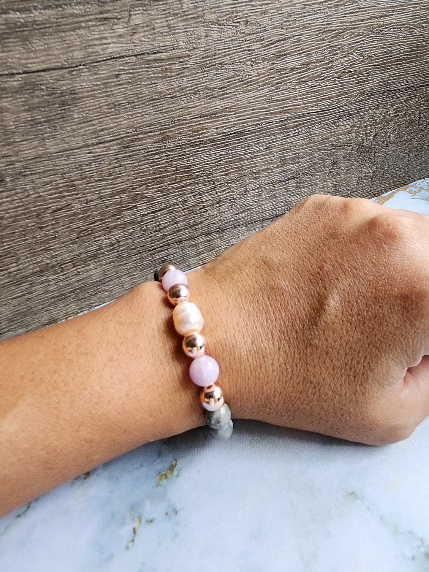 Rose Gold Amethyst, Grey Jasper and Pearl Bracelet