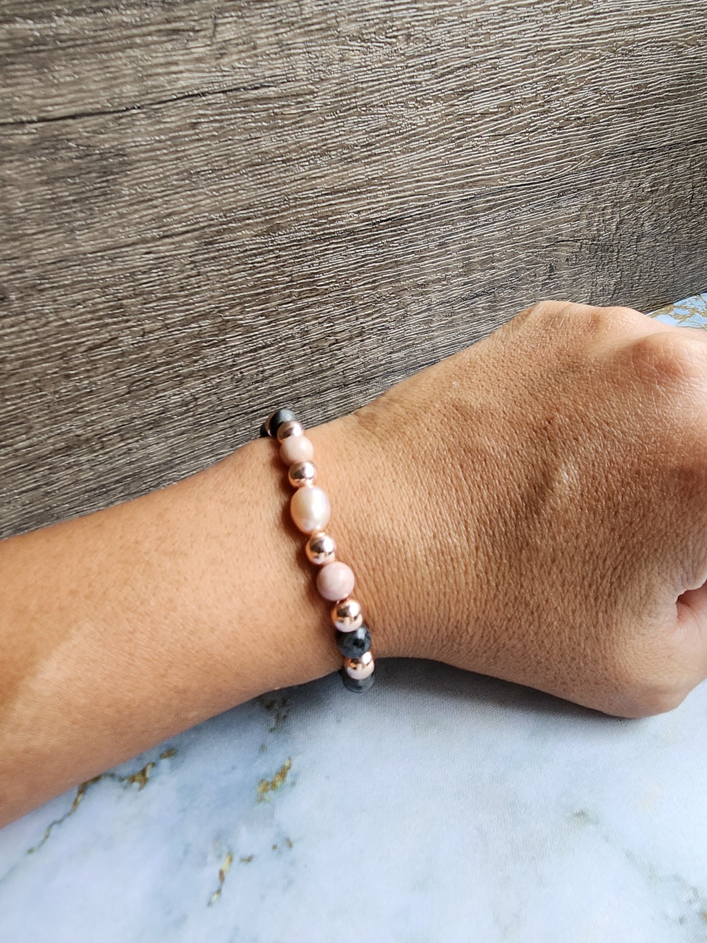 Rose Gold Labradorite, Rhodochrosite and Pearl Bracelet