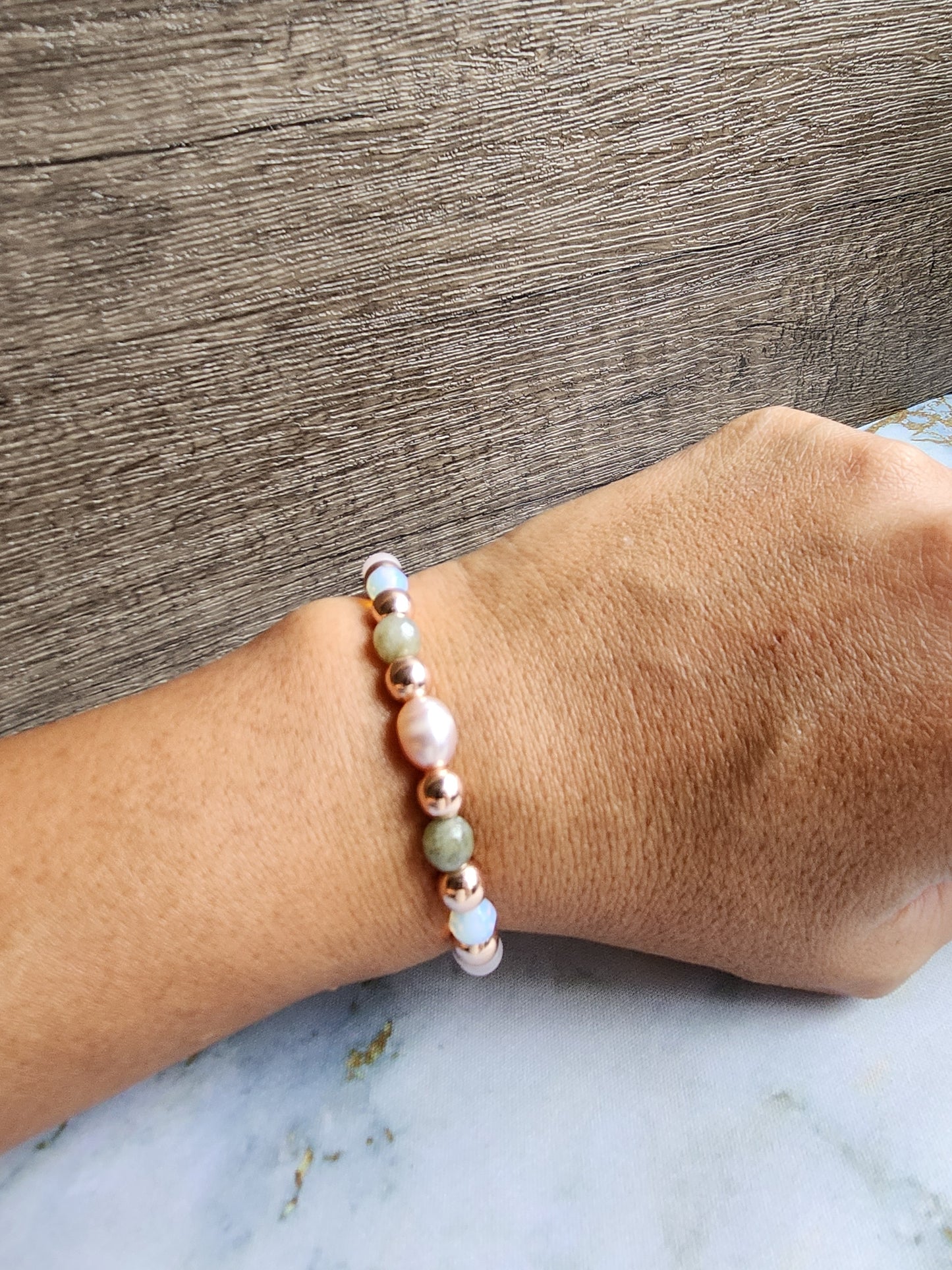 Rose Gold Strawberry Quartz, Moonstone and Pearl Bracelet