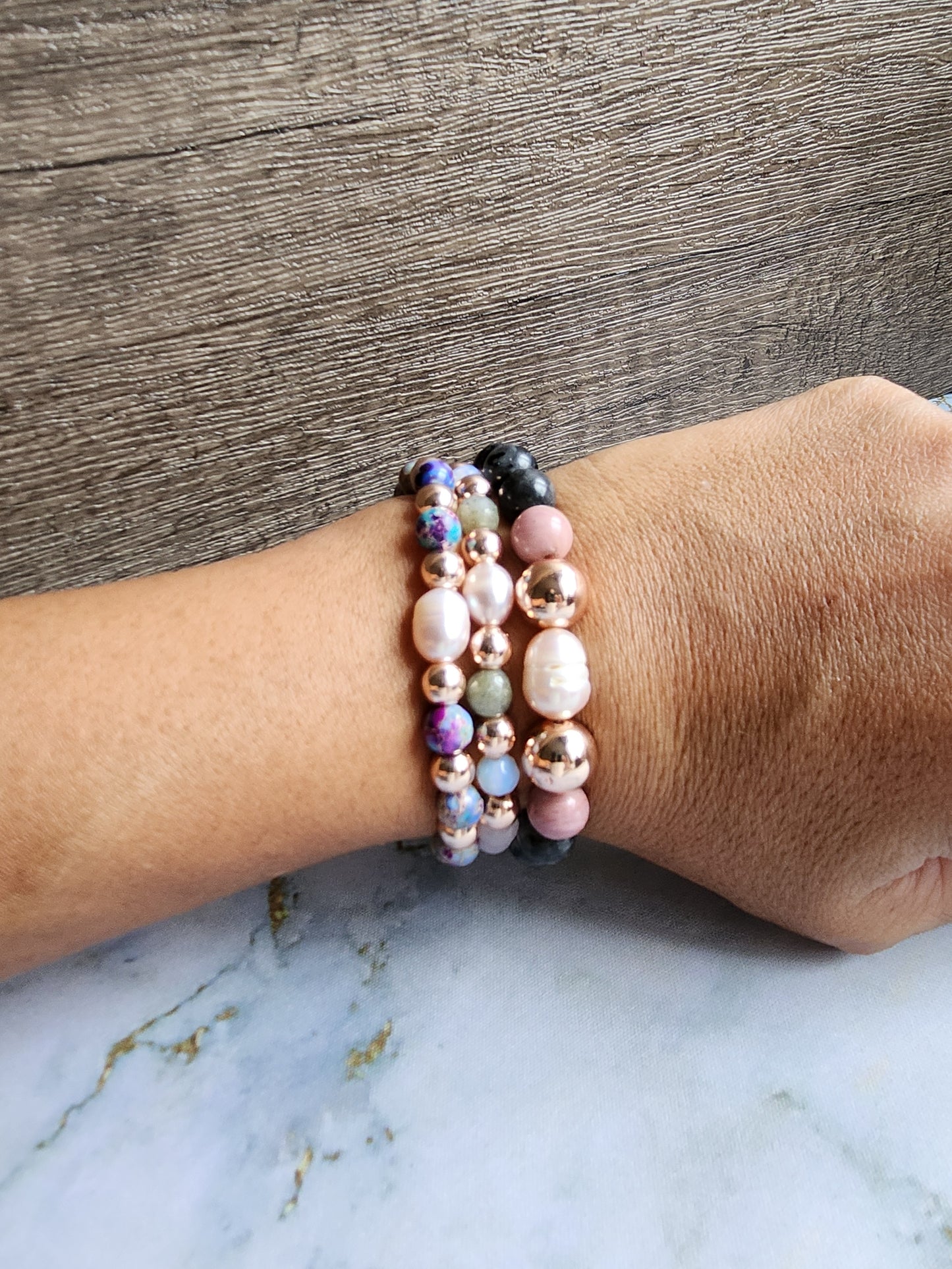 Rose Gold Labradorite, Rhodochrosite and Pearl Bracelet