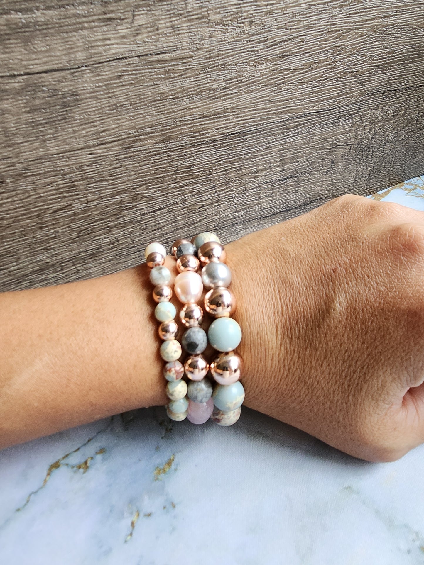 Rose Gold  Aqua Terra Jasper, Grey Jasper and Pearl Bracelet