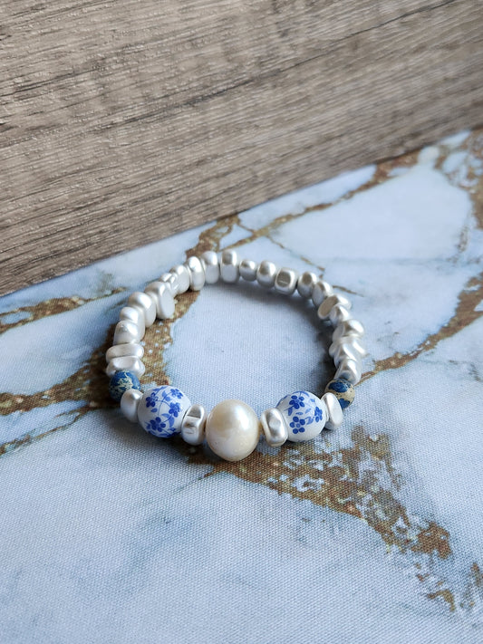 Tang Porcelain White Pearl and Sodalite Bracelet