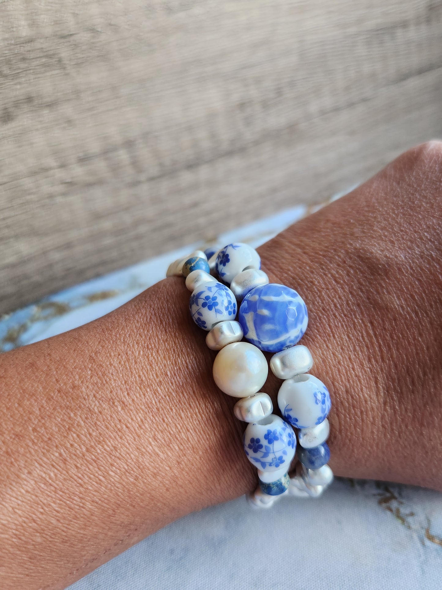 Tang Porcelain White Pearl and Sodalite Bracelet