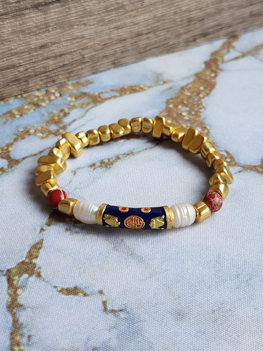 Peranakan Red Jasper and Pearl Bracelet