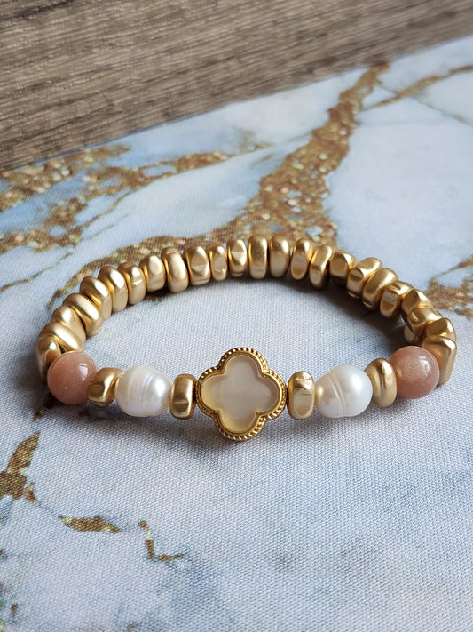 Sunstone and Pearl Clover Bracelet