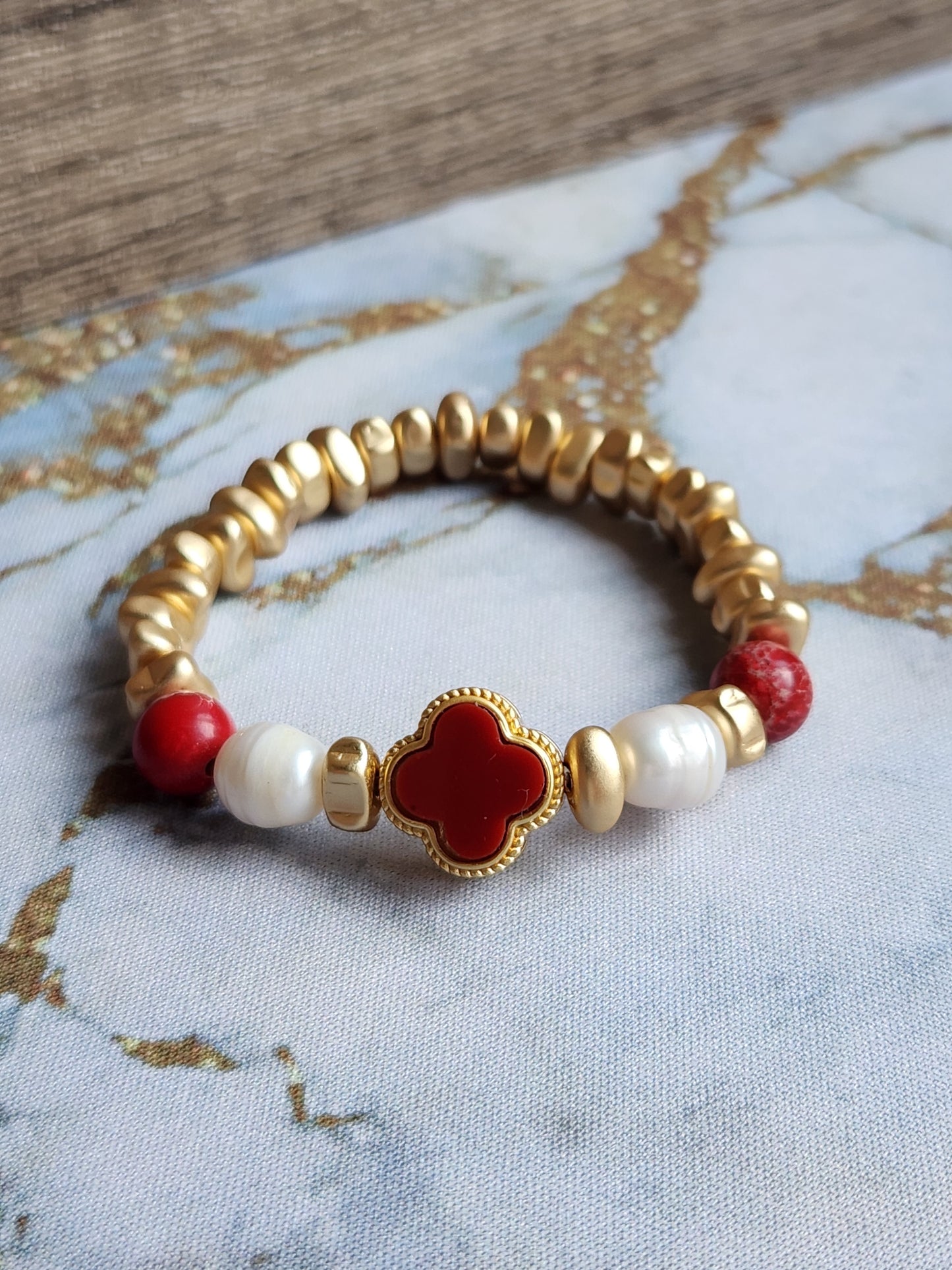 Red Jasper and Pearl Clover Bracelet