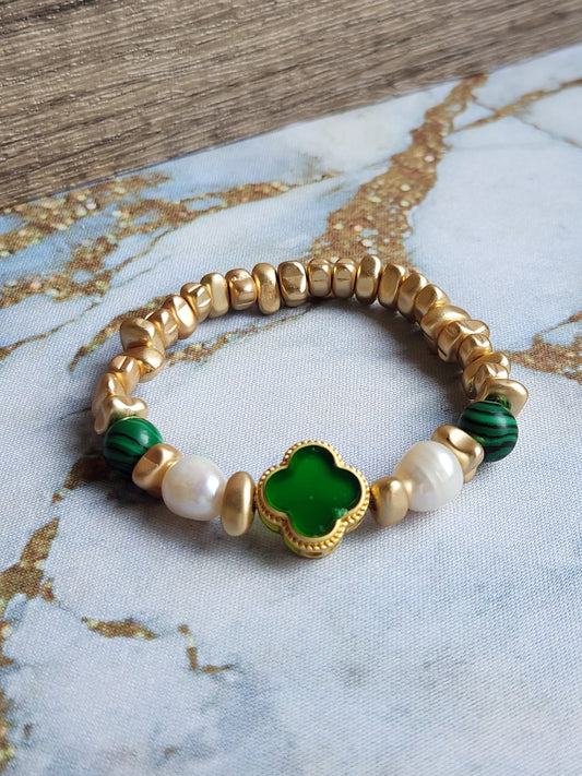 Malachite and Pearl Clover Bracelet