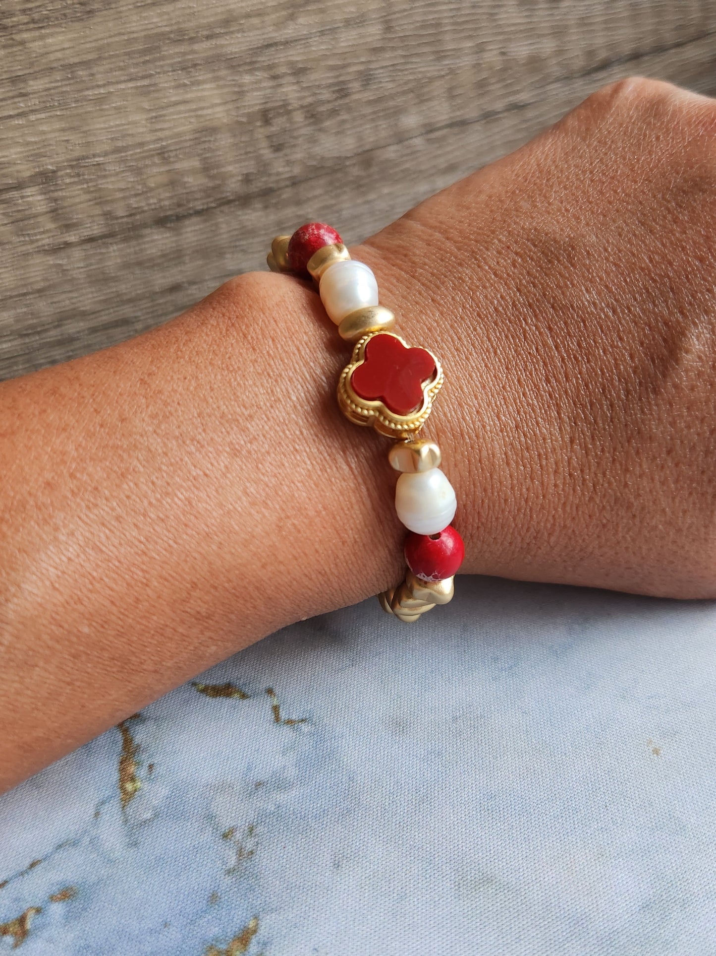 Red Jasper and Pearl Clover Bracelet