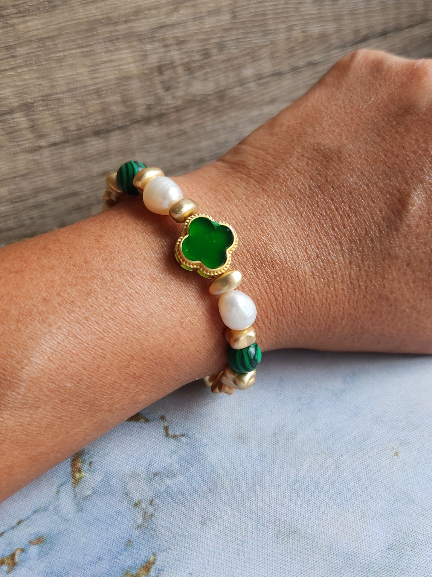 Malachite and Pearl Clover Bracelet