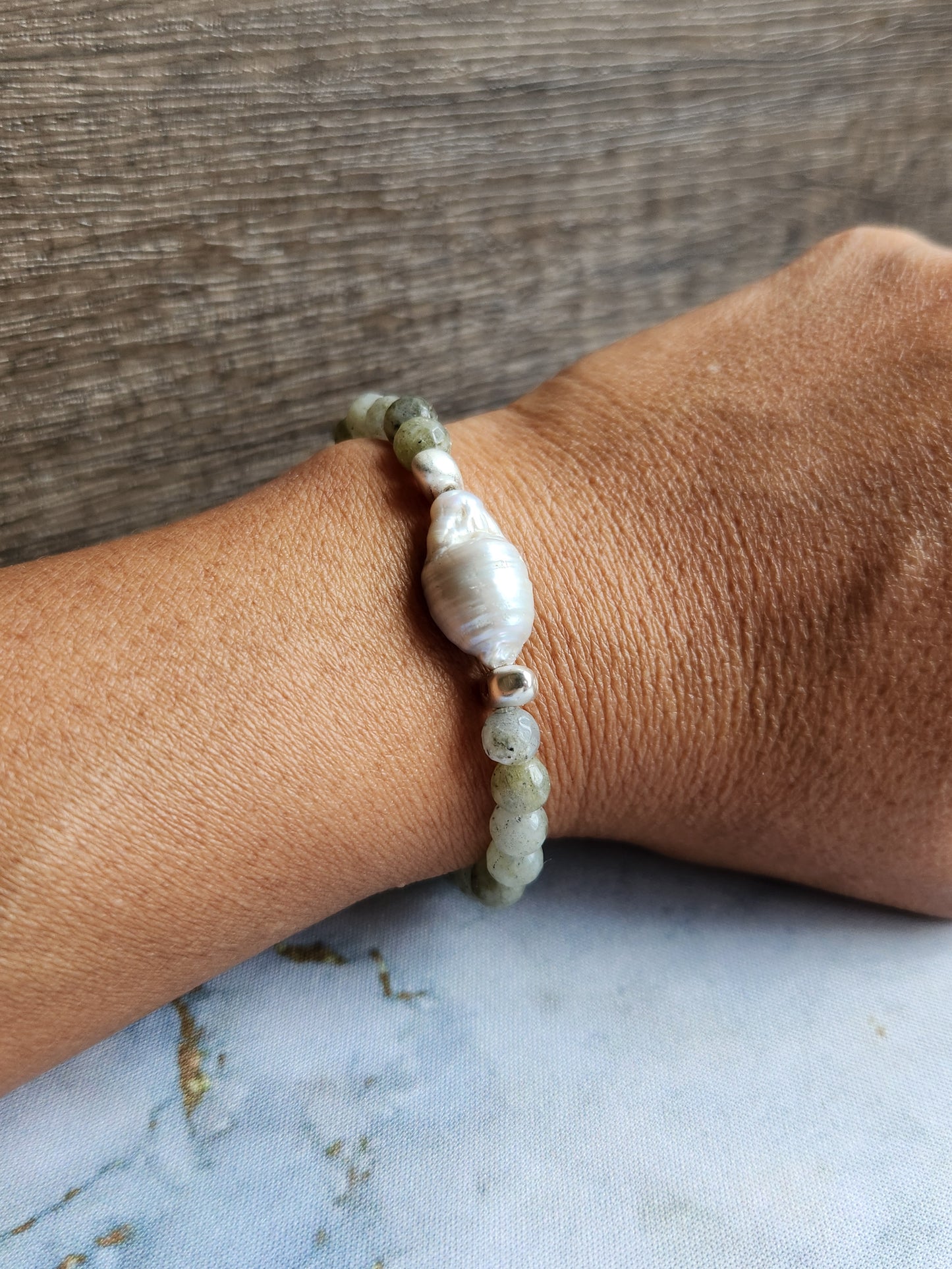 Luna Green Moonstone and Baroque Pearl Bracelet