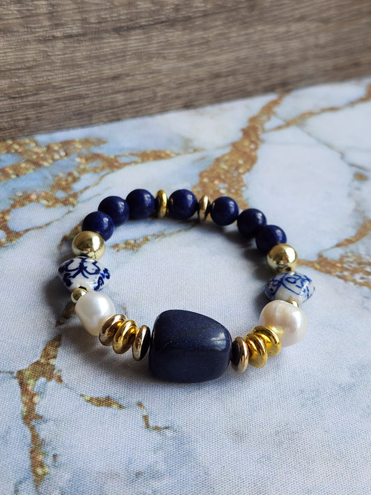 Tang Porcelain Lapis Lazuli and Pearl Bracelet