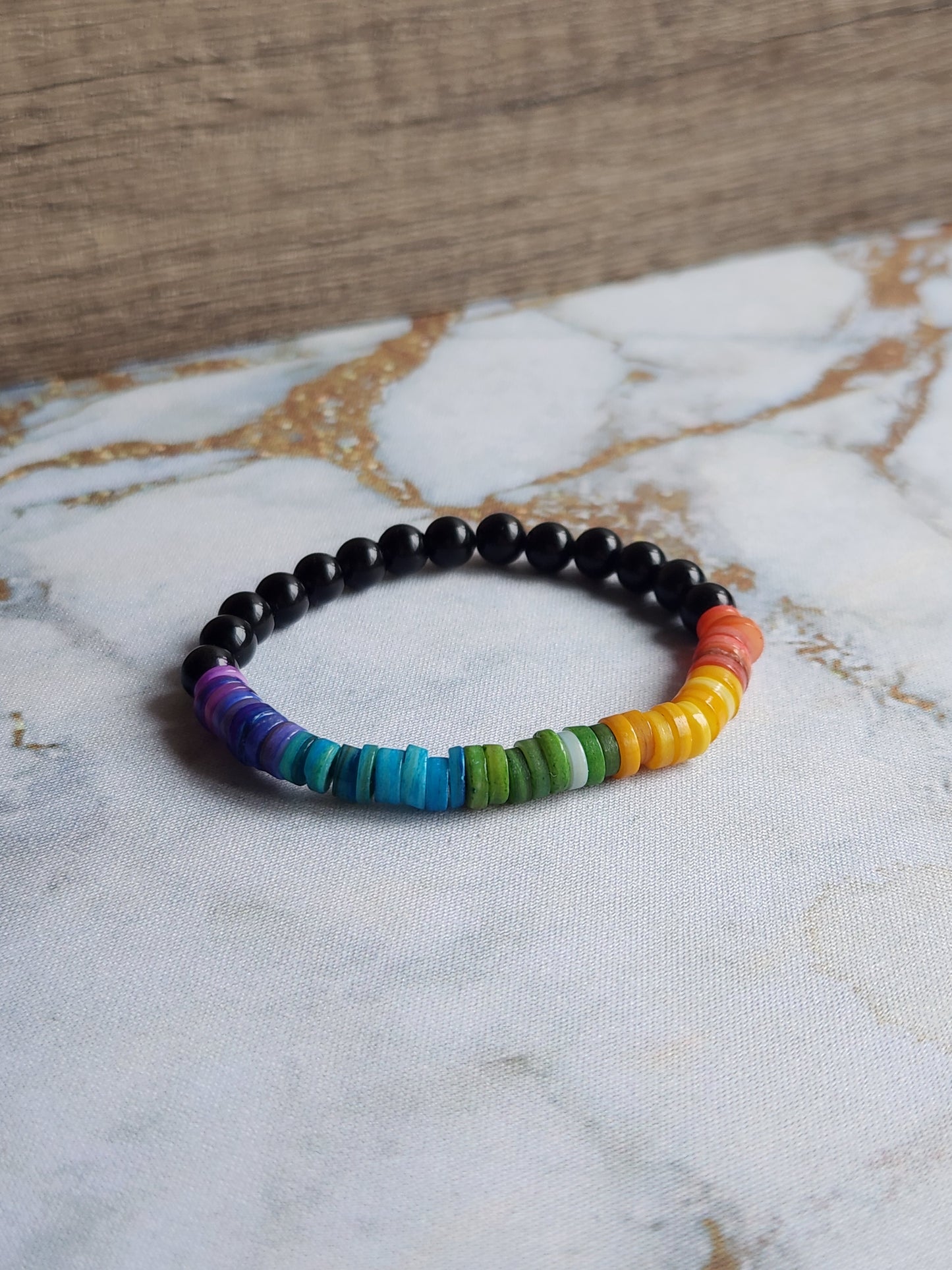 Rainbow Shell and Obsidian Bracelet