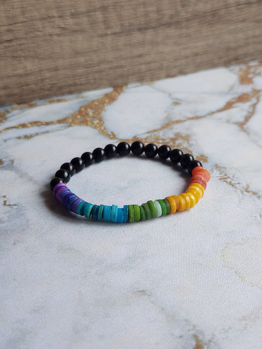 Rainbow Shell and Obsidian Bracelet