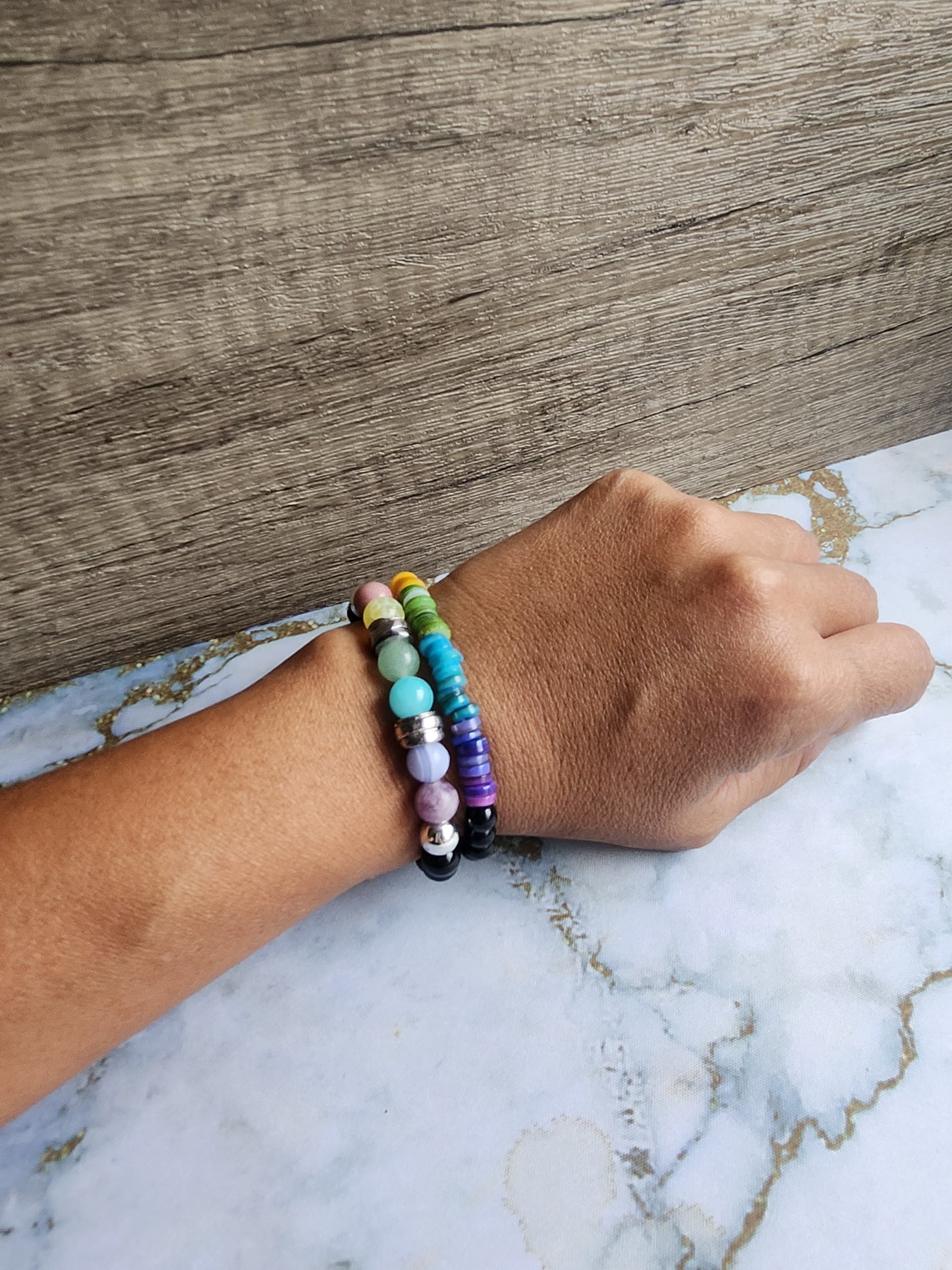 Rainbow Shell and Obsidian Bracelet