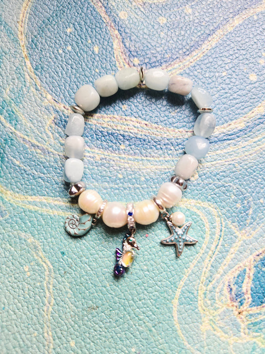 Boho Mermaid Aquamarine Pearl Charm Bracelet