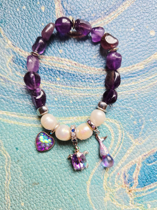 Boho Mermaid Amethyst Pearl Charm Bracelet