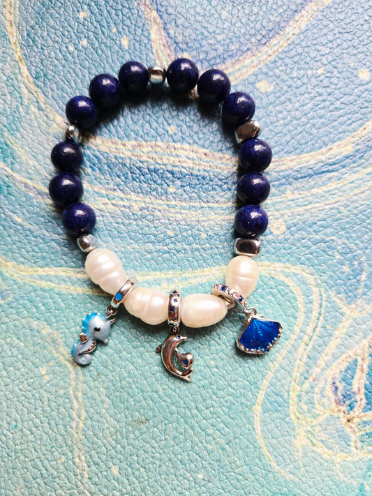 Boho Mermaid Lapis Lazuli Pearl Charm Bracelet