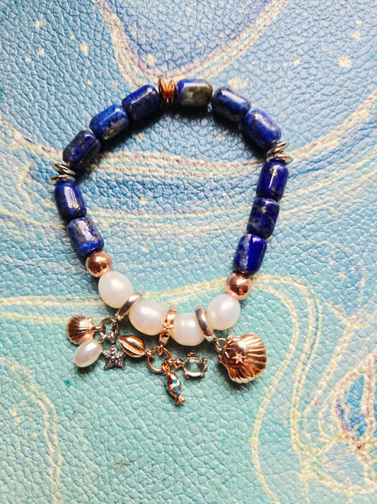 Boho Mermaid Lapis Lazuli Pearl Charm Bracelet