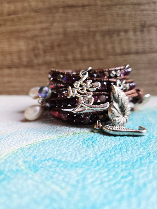 Boho Mermaid Brown and Red Agate Wrap Leather Bracelet