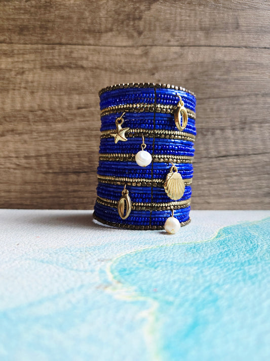 Boho Mermaid Royal Blue Crystal Pearl Bracelet Cuff